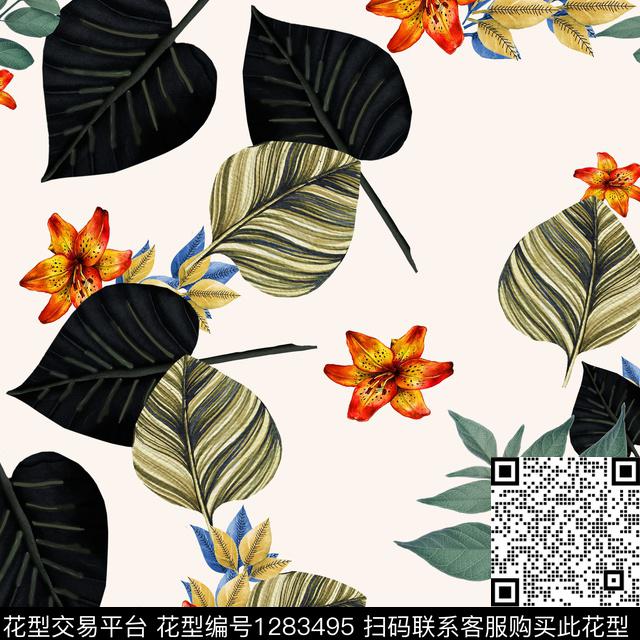 抽象百合绿植树叶数码印花华亿平台下载（图片编号: 1283495） - 瓦栏（Walan）