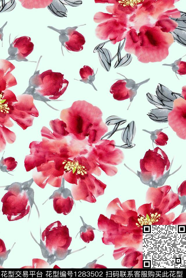 春夏华亿平台手绘花卉水墨风数码印花华亿平台下载（图片编号: 1283502） - 瓦栏（Walan）
