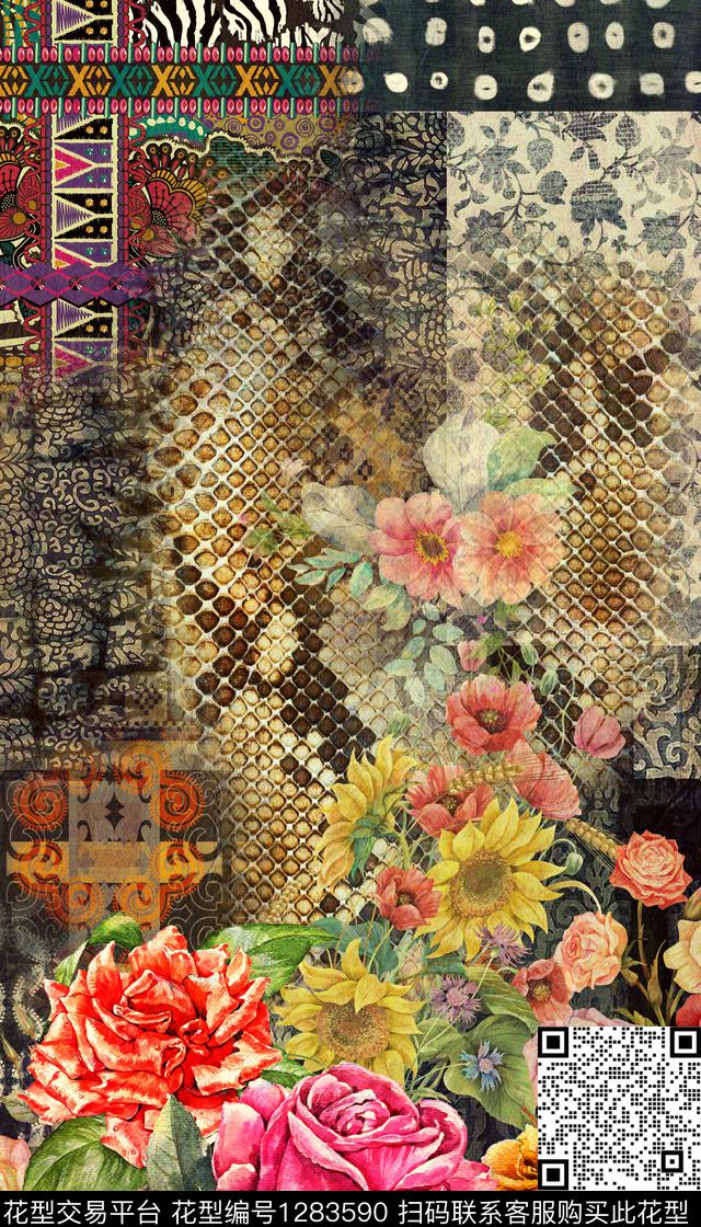 复古定位花香云纱数码印花华亿平台下载（图片编号: 1283590） - 瓦栏（Walan）