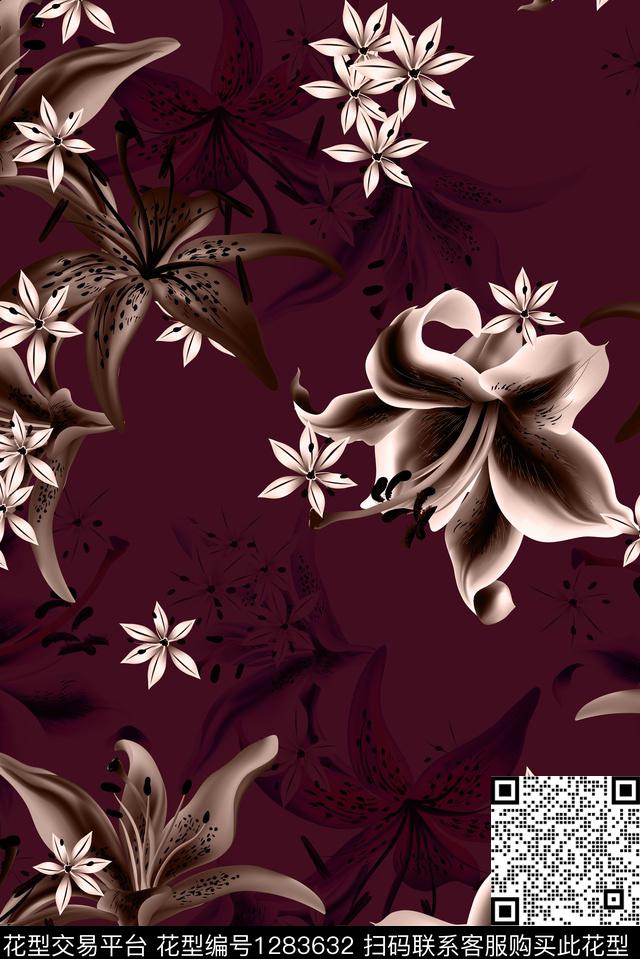 花卉中老年单色数码印花华亿平台下载（图片编号: 1283632） - 瓦栏（Walan）