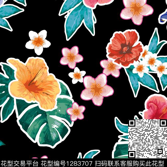 花卉手绘龟背叶数码印花华亿平台下载（图片编号: 1283707） - 瓦栏（Walan）