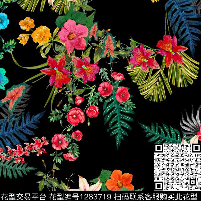 花卉红花绿叶黑底花卉数码印花华亿平台下载（图片编号: 1283719） - 瓦栏（Walan）