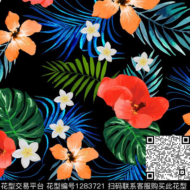 花卉热带华亿平台黑底花卉数码印花华亿平台下载（图片编号: 1283721） - 瓦栏（Walan）