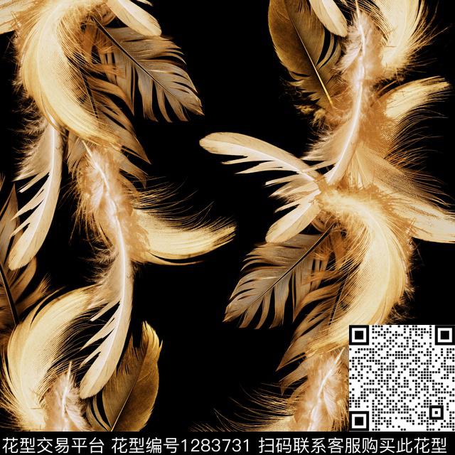 动物羽毛黑底花卉数码印花华亿平台下载（图片编号: 1283731） - 瓦栏（Walan）