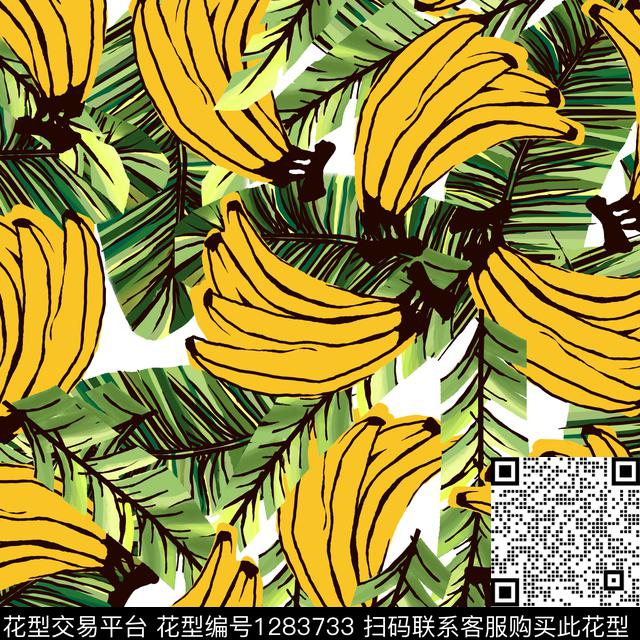 白底花香蕉手绘数码印花华亿平台下载（图片编号: 1283733） - 瓦栏（Walan）
