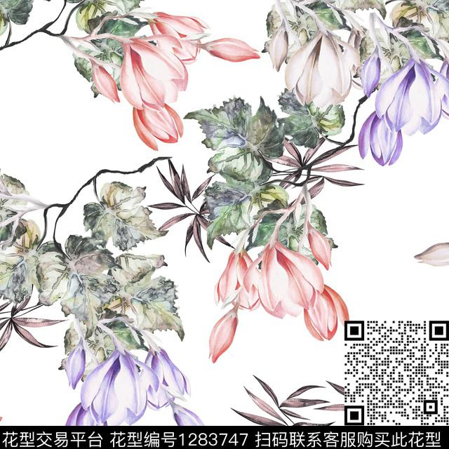 水彩花卉白底花数码印花华亿平台下载（图片编号: 1283747） - 瓦栏（Walan）