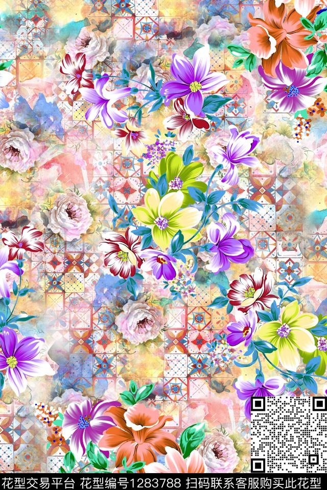 手绘花卉花卉底纹中老年花数码印花华亿平台下载（图片编号: 1283788） - 瓦栏（Walan）