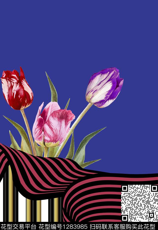 郁金香定位花彩底花卉数码印花华亿平台下载（图片编号: 1283985） - 瓦栏（Walan）