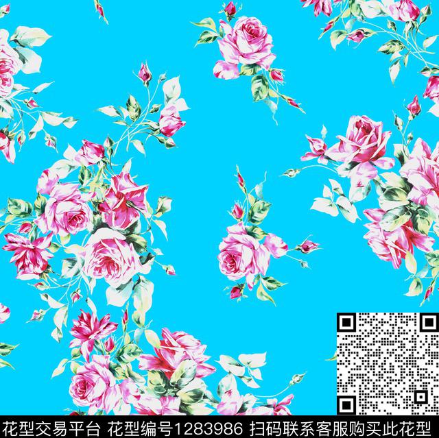 花卉手绘水绿底数码印花华亿平台下载（图片编号: 1283986） - 瓦栏（Walan）
