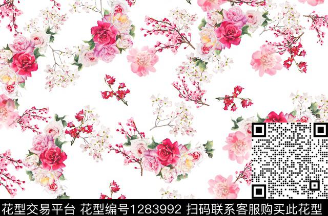 花卉白底花木兰数码印花华亿平台下载（图片编号: 1283992） - 瓦栏（Walan）