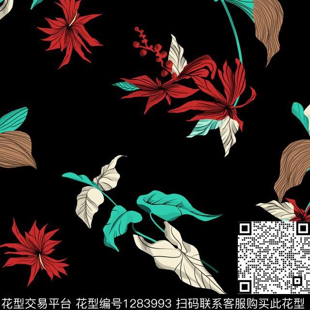 花卉手绘黑底花卉数码印花华亿平台下载（图片编号: 1283993） - 瓦栏（Walan）