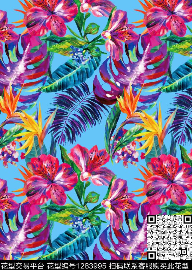 花卉龟背叶兰底数码印花华亿平台下载（图片编号: 1283995） - 瓦栏（Walan）