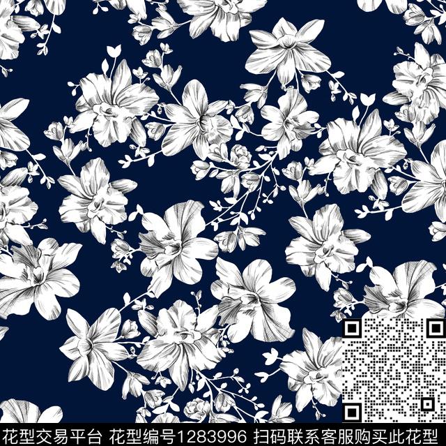 花卉素描老蓝底数码印花华亿平台下载（图片编号: 1283996） - 瓦栏（Walan）