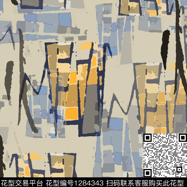 几何抽象手绘线条笔触数码印花华亿平台下载（图片编号: 1284343） - 瓦栏（Walan）