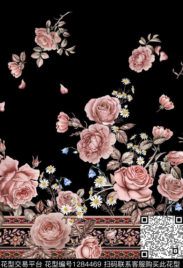 黑底花卉二方连续大牌风数码印花华亿平台下载（图片编号: 1284469） - 瓦栏（Walan）