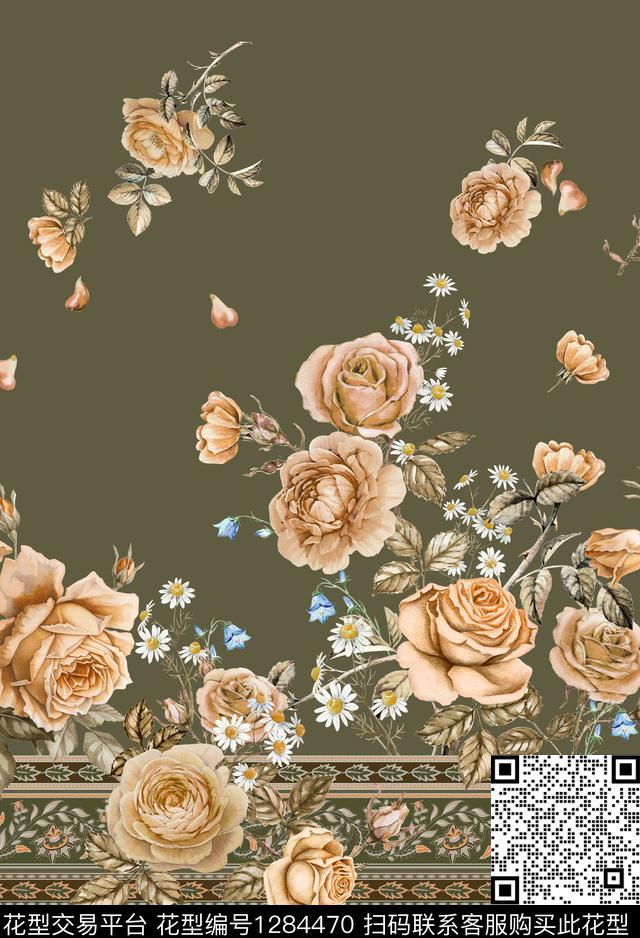 黑底花卉二方连续大牌风数码印花华亿平台下载（图片编号: 1284470） - 瓦栏（Walan）