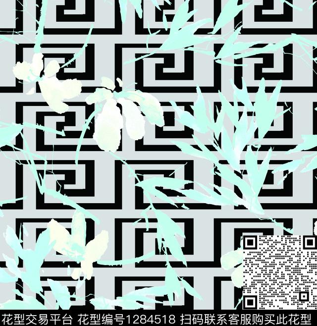 蓝色花卉格子花传统印花华亿平台下载（图片编号: 1284518） - 瓦栏（Walan）