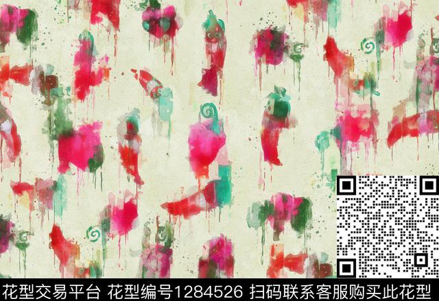 抽象手绘日系水墨数码印花华亿平台下载（图片编号: 1284526） - 瓦栏（Walan）