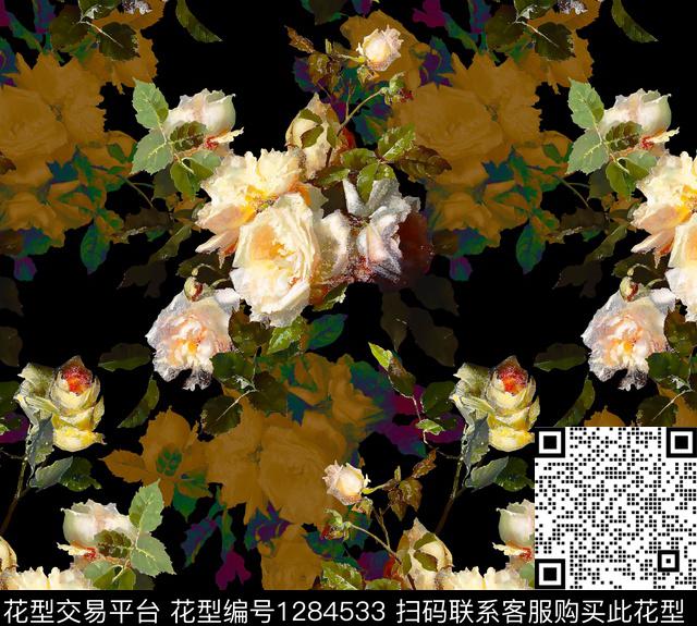 花卉黑底花卉绿植树叶数码印花华亿平台下载（图片编号: 1284533） - 瓦栏（Walan）