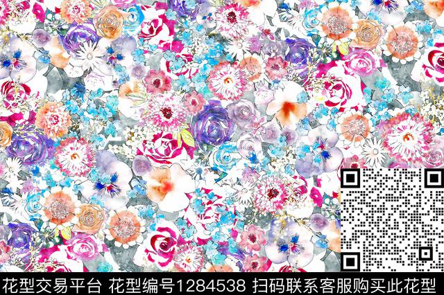 水彩花卉手绘数码印花华亿平台下载（图片编号: 1284538） - 瓦栏（Walan）