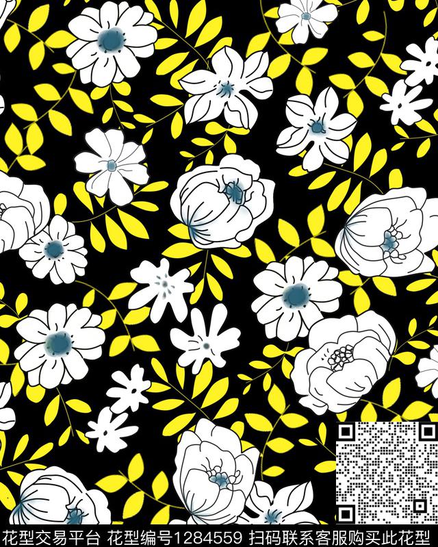 黑底花卉花卉抽象传统印花华亿平台下载（图片编号: 1284559） - 瓦栏（Walan）
