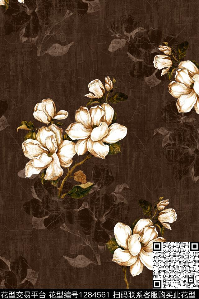 花卉大牌风手绘玉兰数码印花华亿平台下载（图片编号: 1284561） - 瓦栏（Walan）