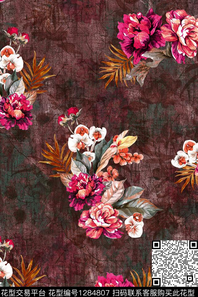 花卉肌理手绘大花数码印花华亿平台下载（图片编号: 1284807） - 瓦栏（Walan）