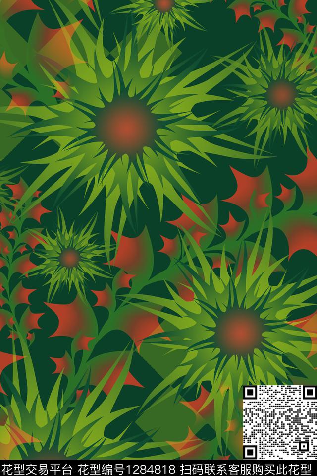 抽象花卉绿色渐变数码印花华亿平台下载（图片编号: 1284818） - 瓦栏（Walan）