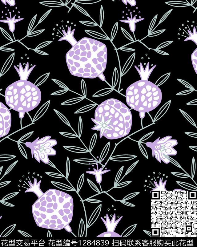 黑底花卉女装花卉传统印花华亿平台下载（图片编号: 1284839） - 瓦栏（Walan）