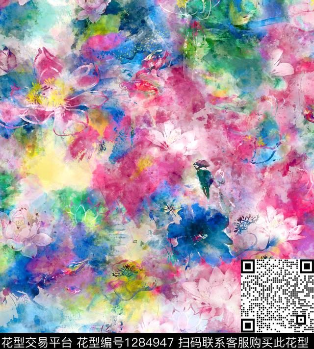 水彩花卉手绘数码印花华亿平台下载（图片编号: 1284947） - 瓦栏（Walan）