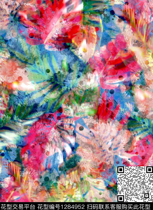 手绘热带华亿平台棕榈树数码印花华亿平台下载（图片编号: 1284952） - 瓦栏（Walan）