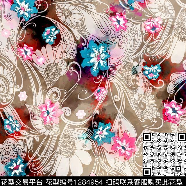 水彩花卉手绘数码印花华亿平台下载（图片编号: 1284954） - 瓦栏（Walan）