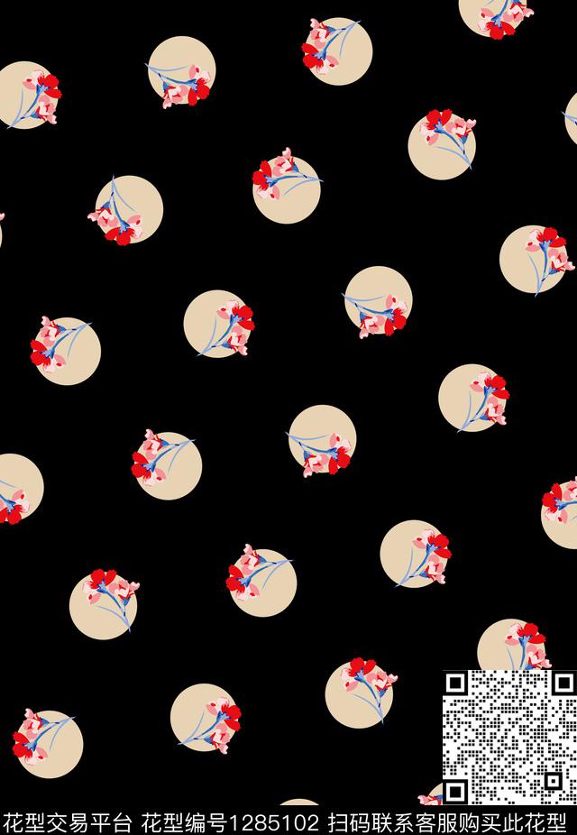抽象花卉波点黑底花卉传统印花华亿平台下载（图片编号: 1285102） - 瓦栏（Walan）