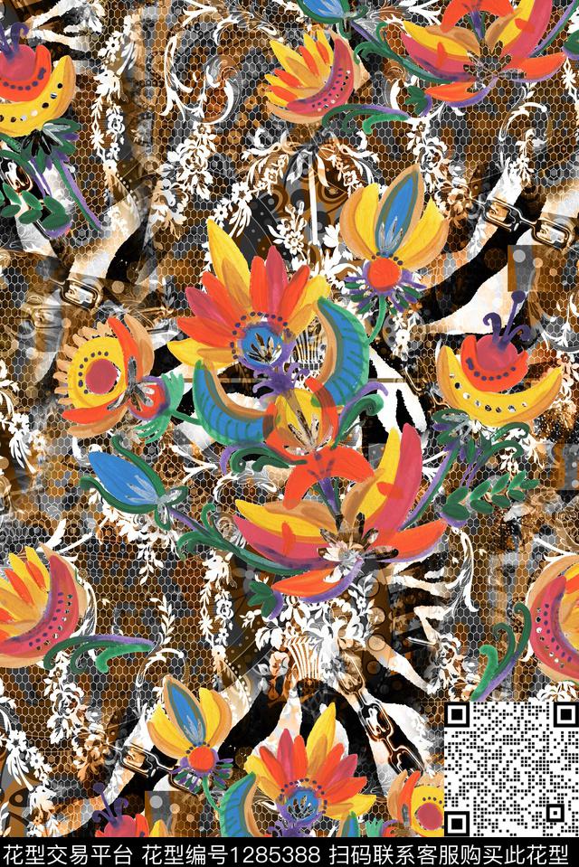 民族花卉抽象棉麻数码印花华亿平台下载（图片编号: 1285388） - 瓦栏（Walan）