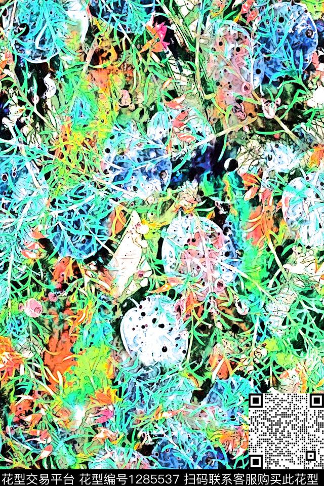 荧光手绘枝叶数码印花华亿平台下载（图片编号: 1285537） - 瓦栏（Walan）