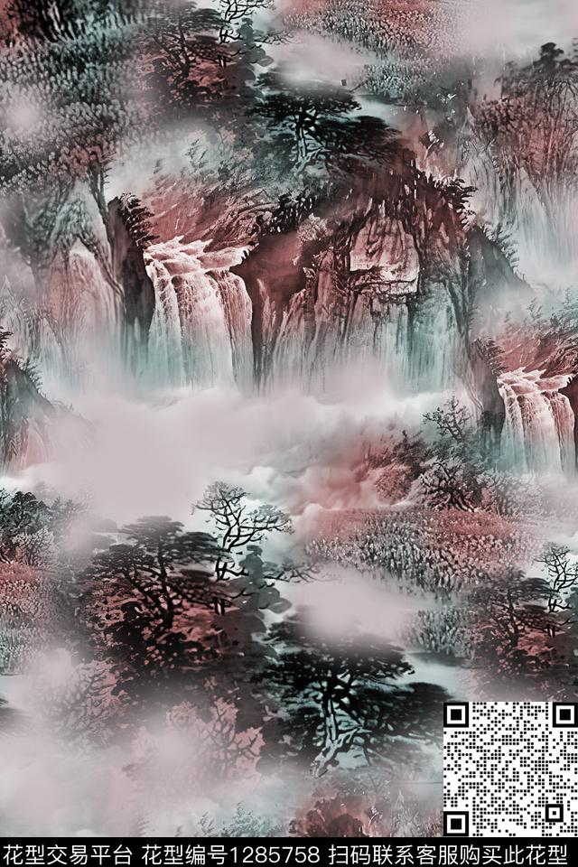 连衣裙中国风国画数码印花华亿平台下载（图片编号: 1285758） - 瓦栏（Walan）