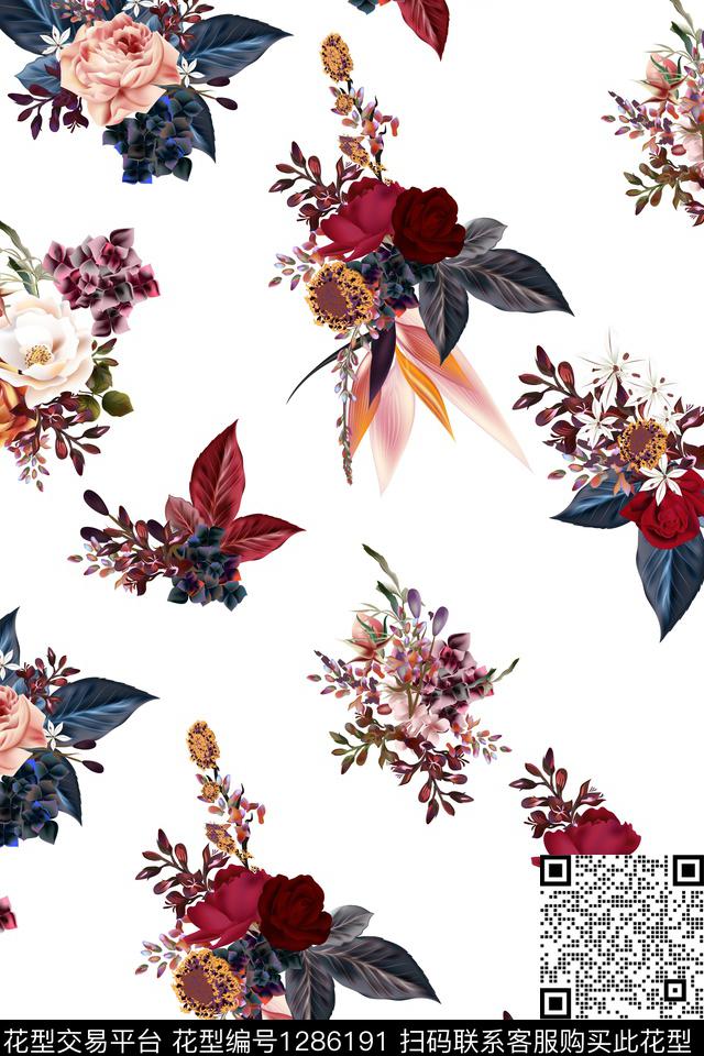 玫瑰花水彩花卉清爽底花卉数码印花华亿平台下载（图片编号: 1286191） - 瓦栏（Walan）