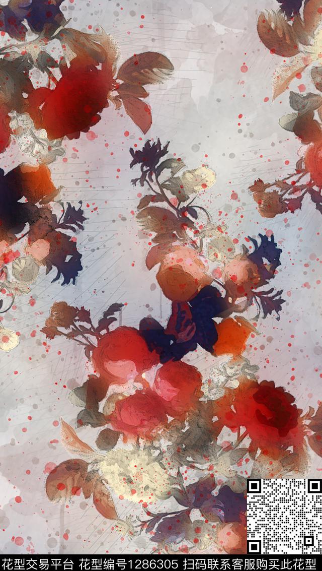 花卉手绘日系水墨数码印花华亿平台下载（图片编号: 1286305） - 瓦栏（Walan）