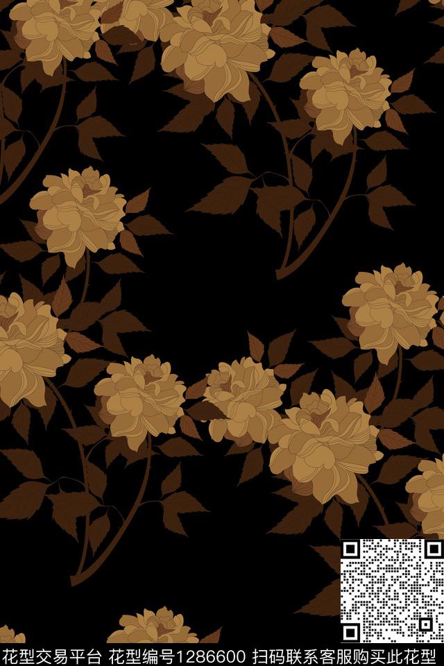 玫瑰花复古花卉传统印花华亿平台下载（图片编号: 1286600） - 瓦栏（Walan）