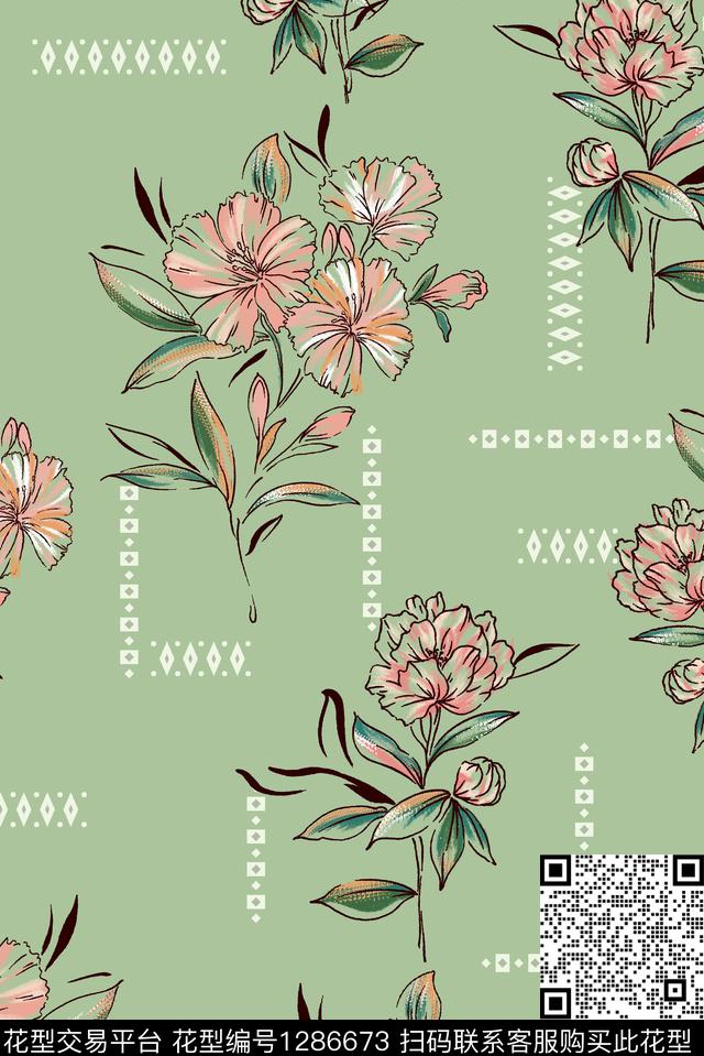 大牌风手绘线描花卉传统印花华亿平台下载（图片编号: 1286673） - 瓦栏（Walan）