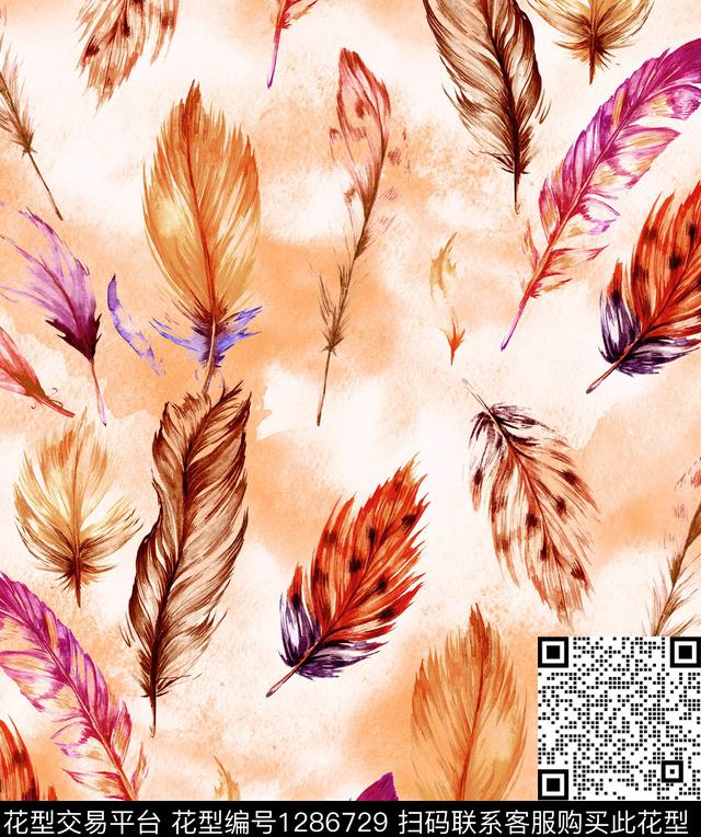 笔触羽毛清新风数码印花华亿平台下载（图片编号: 1286729） - 瓦栏（Walan）