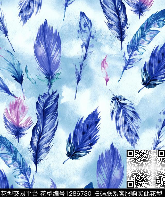 笔触羽毛清新风数码印花华亿平台下载（图片编号: 1286730） - 瓦栏（Walan）