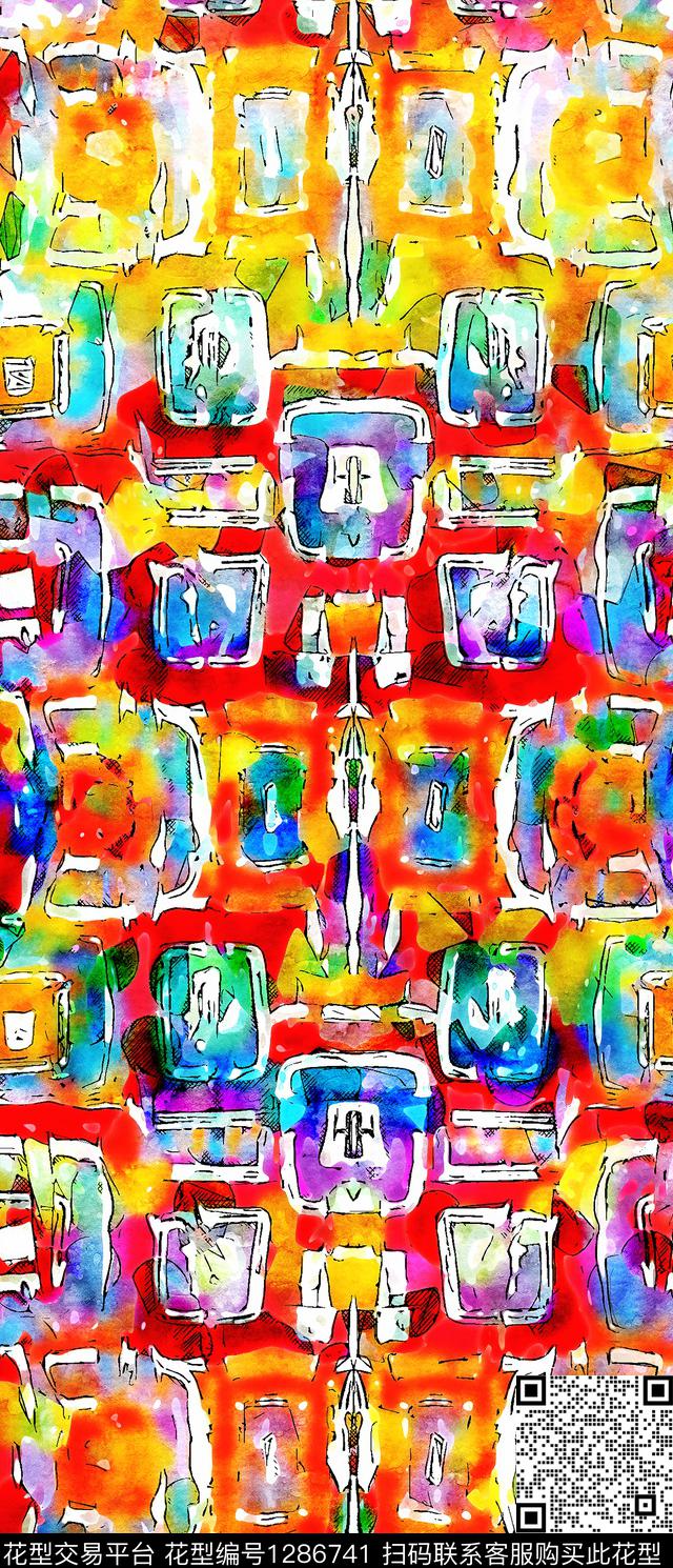 水彩几何手绘数码印花华亿平台下载（图片编号: 1286741） - 瓦栏（Walan）