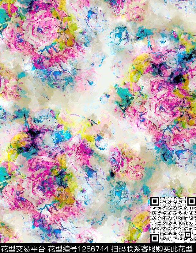 水彩花卉手绘数码印花华亿平台下载（图片编号: 1286744） - 瓦栏（Walan）