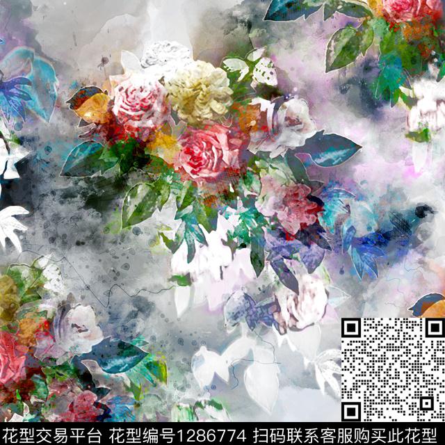 花卉手绘日系水墨数码印花华亿平台下载（图片编号: 1286774） - 瓦栏（Walan）
