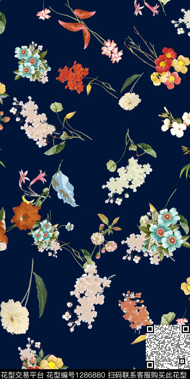 花卉绿植树叶老蓝底数码印花华亿平台下载（图片编号: 1286880） - 瓦栏（Walan）