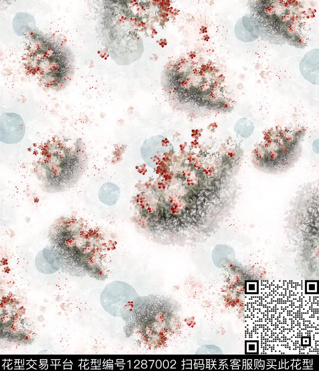 花卉手绘日系水墨数码印花华亿平台下载（图片编号: 1287002） - 瓦栏（Walan）