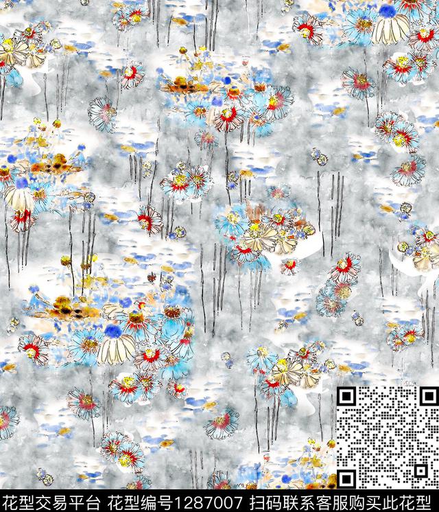 水彩花卉手绘数码印花华亿平台下载（图片编号: 1287007） - 瓦栏（Walan）