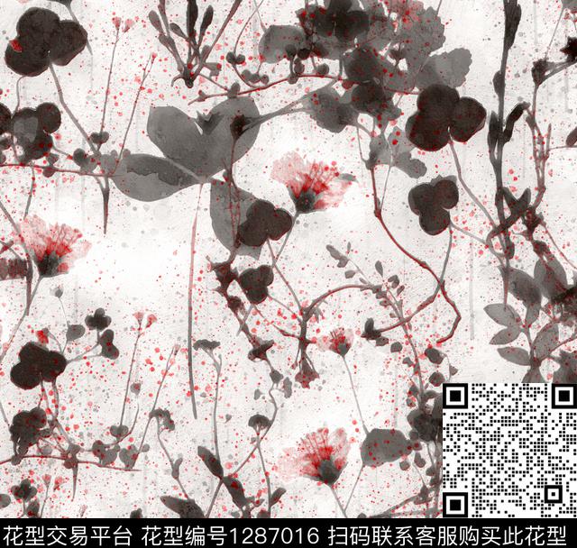 花卉手绘日系水墨数码印花华亿平台下载（图片编号: 1287016） - 瓦栏（Walan）