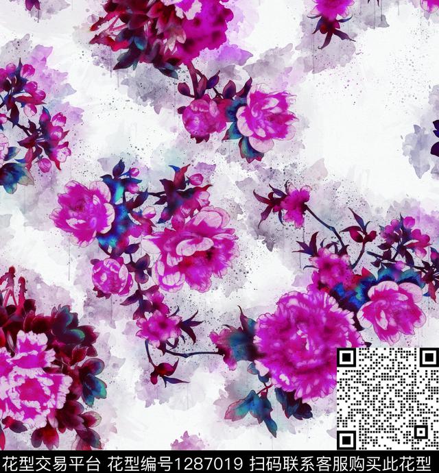 花卉手绘日系水墨数码印花华亿平台下载（图片编号: 1287019） - 瓦栏（Walan）